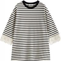 初语棉质宽松中长袖T恤2025秋季拼接蕾丝中袖航海风条纹上衣 杏白底黑条 L