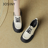 卓诗尼小个子增高小皮鞋女厚底高跟单鞋英伦风百搭乐福鞋 米白色 38 