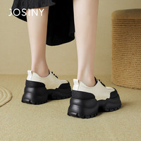 卓诗尼小个子增高小皮鞋女厚底高跟单鞋英伦风百搭乐福鞋 米白色 35 