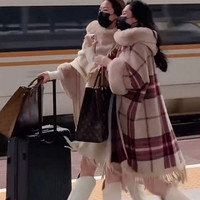 沐铭尔莱斗篷披肩女秋冬款冬季小香风针织披风斗篷连帽大毛领外套女韩版披肩格子呢大衣 米色 纯色版薄款 80-160斤均可穿