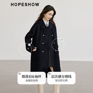 红袖100%绵羊毛呢大衣冬季2024女装学院风落肩高级翻领双面呢外套 藏青495 L