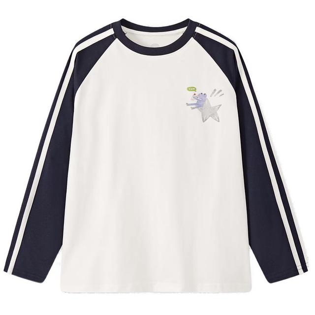 马骑顿 男童25秋学院风撞色插肩袖女童字母长袖体恤打底衫 藏青 140