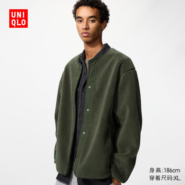 UNIQLO 男装防风仿羊羔绒摇粒绒开衫/长袖外套25秋冬481183 57 深橄榄色 L /175/100A