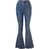 百图betu女装春夏毛边裤脚复古弹力牛仔裤喇叭裤女2403T92 牛仔色 S