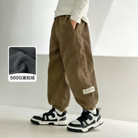 东方骆驼男童一体绒卫裤加厚灯芯绒复奥粒绒中大童装秋冬款保暖运动裤 卡其色 100 身高80-90cm