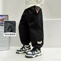 东方骆驼男童一体绒卫裤加厚灯芯绒复奥粒绒中大童装秋冬款保暖运动裤 黑色 160 身高140-150cm