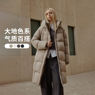 坦博尔泡芙羽绒服女反季中长款鸭绒连帽舒适百搭廓形保暖外套 松木棕 XS (155)