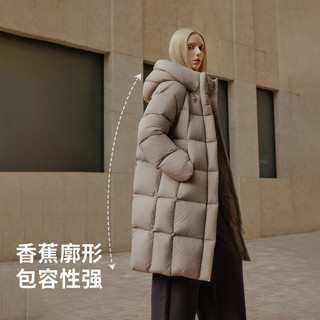 坦博尔泡芙羽绒服女反季中长款鸭绒连帽舒适百搭廓形保暖外套 松木棕 XS (155)