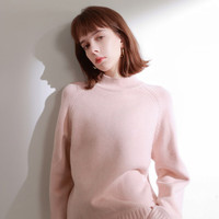 三彩 2025冬季纯色毛衣半高领针织衫插肩袖宽松毛衫简约M 樱花粉 M 160/84A