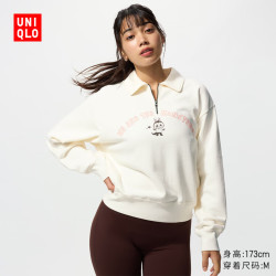 优衣库 女装男女同款亲子UT泡泡玛特半拉链卫衣长袖运动衫479963 01 乳白色