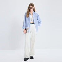 三彩【100棉】2025秋季长袖宽松条纹衬衫翻领衬衣开衫上衣M 冰川蓝条纹 L 165/88A