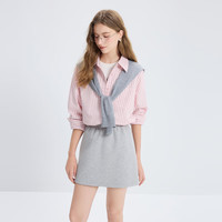 三彩【100棉】2025秋季长袖宽松条纹衬衫翻领衬衣开衫上衣M 浅粉条纹 S 155/80A