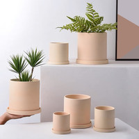 天丂 北欧风 透气素烧陶土花盆 14cm 直筒含托盘