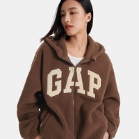Gap女装贴布绣花logo仿羊羔绒连帽卫衣外套600757 棕色 170/88A(L)亚洲尺码