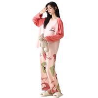 【幸运小粉熊】抑菌女士睡衣女士家居服100%纯棉长袖女款睡衣