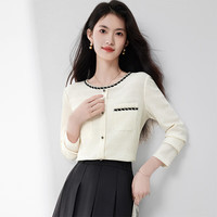 尚都比拉小香风圆领单排扣打底衫女秋季优雅织带蕾丝衫长袖直筒内搭上衣 杏色 L