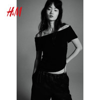 H&M女装针织衫秋季柔软舒适针织露肩上衣1207242 黑色 170/116