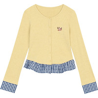 妖精的口袋格子拼接刺绣针织衫2025年早秋高级感薄款长袖上衣