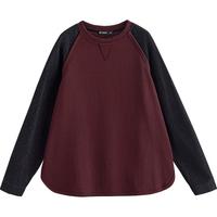 初语 卫衣女2025秋季拼接牛仔假两件宽松棉质圆领上衣 紫红-黑 M