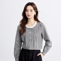 茵曼 法式蕾丝花边圆领格子衬衫2025秋季文艺复古气质长袖衬衣女