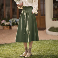 茵曼秋女装文艺复古通勤中长款学院风纯棉半身裙女伞裙子 卡其色1 S 茶绿色1