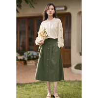 茵曼秋女装文艺复古通勤中长款学院风纯棉半身裙女伞裙子 卡其色1 XL 茶绿色1