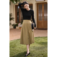 茵曼秋女装文艺复古通勤中长款学院风纯棉半身裙女伞裙子 茶绿色1 M 卡其色1