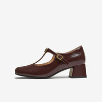 百思图2025秋季牛皮法式T字玛丽珍鞋粗跟圆头女单鞋C5691CA5 酒红色 34