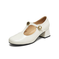 百思图2025秋季牛皮法式T字玛丽珍鞋粗跟圆头女单鞋C5691CA5 米白色 35