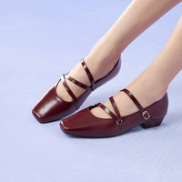 百思图2025秋季玛丽珍鞋时尚复古法式方头浅口女单鞋F5032CQ5 酒红色 36