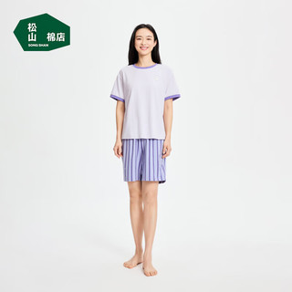 松山棉店萌宠条纹短袖短裤套装睡衣夏棉莫家居服宽松女士-紫色L