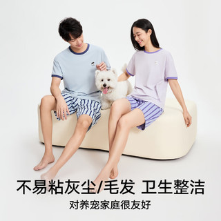 松山棉店萌宠条纹短袖短裤套装睡衣夏棉莫家居服宽松女士-紫色L