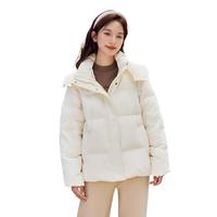 雪中飞羽绒服女短款连帽冬季新款基础小个子面包服保暖厚外套 米白色 S