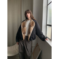 付智恩赫尔契约 风休闲时尚撞色拼毛圆领短款羽绒派克服外套 经典黑 M