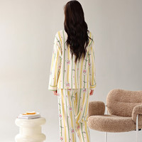 芬腾睡衣女【棉可外穿】加固圆领条纹小熊长袖家居服套装 杏色 L