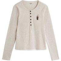 茵曼萌宠刺绣花纱T恤冬季半开襟长袖上衣 杏花灰 L