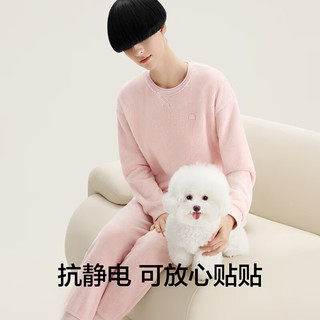 蕉内绒绒301H睡衣女士睡裤加绒加厚法兰绒保暖家居服套装秋冬季 女士圆领-粉紫格纹 M