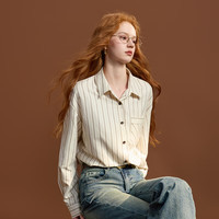 三彩2025冬季新款条纹衬衫翻领宽松衬衣休闲开衫简约M 米白色条纹 L 165/88A