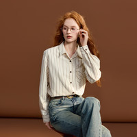 三彩2025冬季条纹衬衫翻领宽松衬衣休闲开衫简约M 米白色条纹 S 155/80A