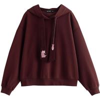 初语卫衣女2025秋猫咪刺绣领带连帽学院风小个子上衣 安可拉红 L