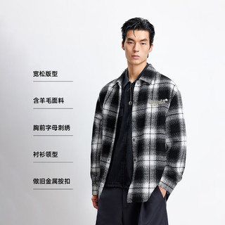 杰克·琼斯（JACK&JONES）25年秋冬季毛呢外套男短款休闲夹克宽松含羊毛字母格纹外套男装 S03黑色 常规 XL （185）