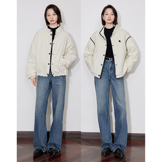 初语两面穿灯芯绒立领棉服女2024年冬季小个子宽松棉衣外套 杏色 M