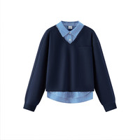 森马(Semir)森柔棉|卫衣女假两件条纹春季2025翻领开叉衣服 紫蓝80635 2XL 175/96A