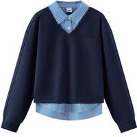 森马(Semir)森柔棉|卫衣女假两件条纹春季2025翻领开叉衣服 紫蓝80635 L 165/88A