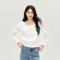 森马（Semir）长袖衬衫女短款绣花浪漫秋2025荷叶边一字肩衬衣107625105003