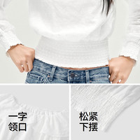 森马（Semir）长袖衬衫女短款白色绣花浪漫秋2025荷叶边一字肩衬衣107625105003 L