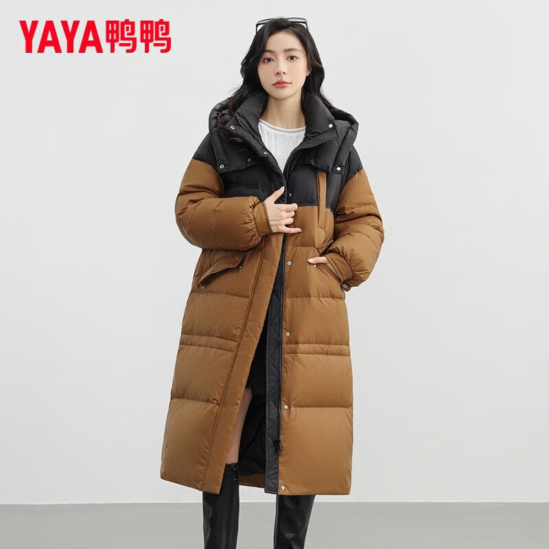 鸭鸭严选羽绒服女长款过膝2025冬季新款加厚撞色连帽韩版气质潮流外套