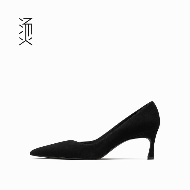 烫 社交女鞋黑色羊反绒面尖头中细高跟单鞋工作职业通勤不累脚女鞋