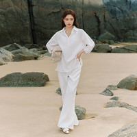 范思蓝恩【徐若晗同款】亚麻慵懒感衬衫夏韩版套头宽松七分袖衬衣 冰清白