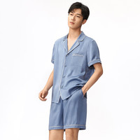 金三塔睡衣男真丝绣花短袖短裤衬衫式衣裤套 雾蓝色5128 XXL